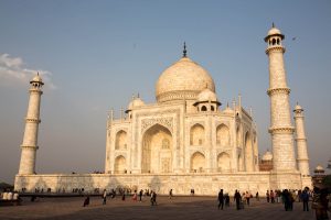 The Taj Mahal is an ivory-white marble mausoleum on the south bank of the Yamuna river in the Indian city of Agra